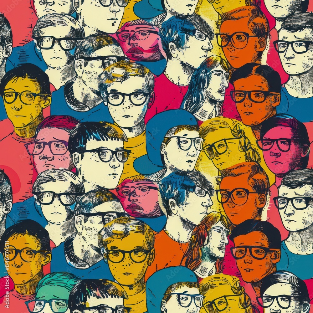 A Vibrant and Playful Pop Art Pattern of Cartoon Faces with Various Expressions Wearing Colorful Glasses on a Bright Pink Background A Vibrant and Playful Pop Art Pattern of Cartoon Faces with Various Expressions Wearing Colorful Glasses on a Bright Pink Background