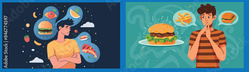 A hungry guy with an ill stomach thinks about nutrition and delicious meals to compare. He eats hamburgers in his thoughts bubbles, representing ill nutrition and hunger as a modern illustration.