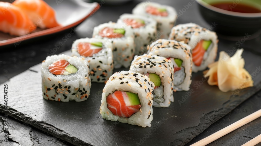 Fresh sushi rolls arranged on a slate board with wasabi and ginger, capturing the essence of Japanese dining.