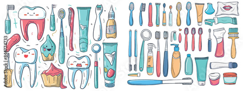 The brush is a fun, modern illustration depicting some dental tools for oral hygiene, including dental flossing toothpicks, toothbrushes, and dental flossing toothwashes.