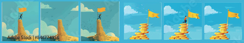 A successful entrepreneur investor cartoon character climbs a ladder bar in a mountain. The ladder bar represents a goal trophy flag character and a ladder bar depicts a goal trophy. It represents