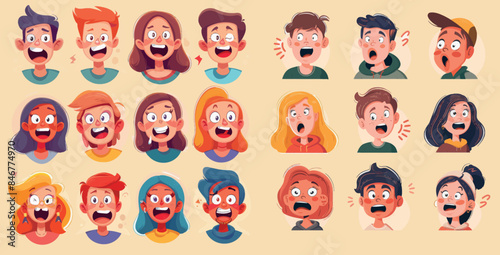 Amazing shock surprise wow avatars cartoon modern set. Big eyes open mouth emotion fear shock strong reaction teenagers, illustrations isolated on white.