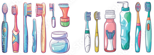 Different toothbrushes isolated flat colorful icons, bamboo teeth brush for toothpaste tooth manual.