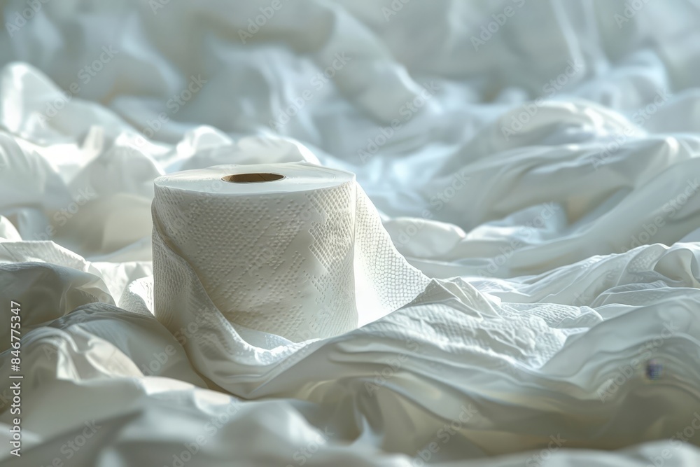 A roll of toilet paper on a bed.
