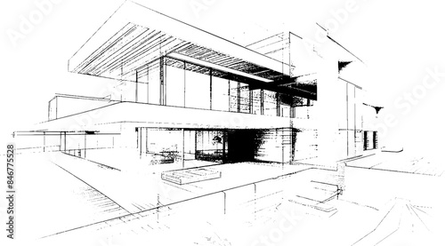 distressed sketch of houses on a white background. architectural sketch of a house. Vector Linear architectural sketch modern detached house