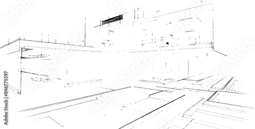 Distressed sketch of building with dust on isolated background. Architectural sketch of a house. linear sketch modern building on light gray background