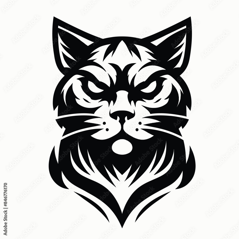 Fototapeta premium Cartoon illustration of a fierce cat in black and white