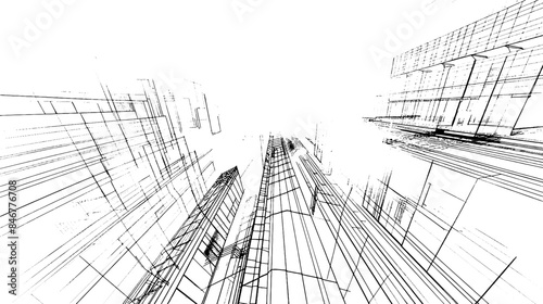 Distressed sketch of building with dust on isolated background. Architectural sketch of a house. linear sketch modern building on light gray background