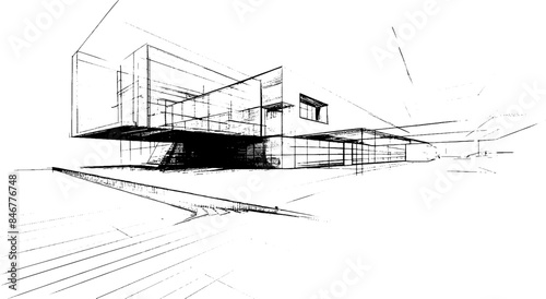 distressed sketch of houses on a white background. architectural sketch of a house. Vector Linear architectural sketch modern detached house