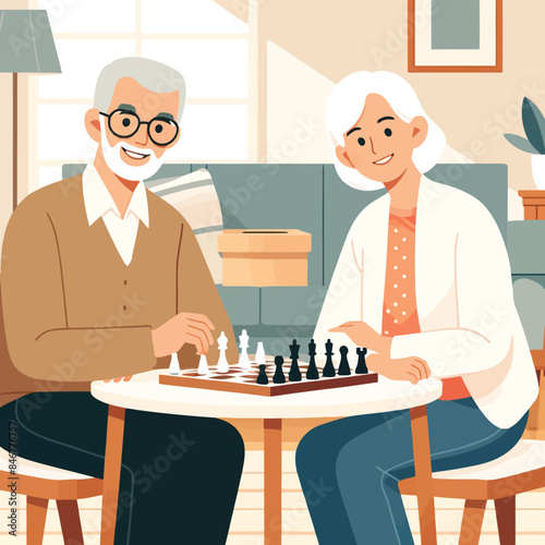 illustration of an elderly couple happily playing chess