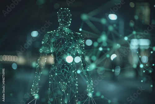 Visualize a blockchain network woven through human anatomy, connecting data from medical devices.