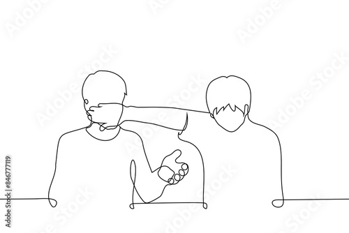 man covers the mouth of a nearby gesturing man with his palm - one line art vector. concept of shutting up a friend, getting tired of someone else's chatter