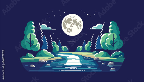 illustration of a river surrounded by trees under a full moon