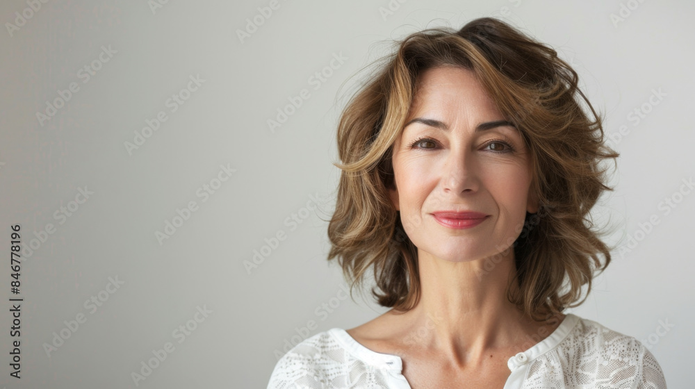 Portrait of a confident, smiling middle-aged woman with wavy hair wearing a white top against a neutral background. Smiling Middle-Aged Woman in White Top
Portrait of a confident, smiling middle-aged woman with wavy hair wearing a white top against a neutral background. Smiling Middle-Aged Woman in White Top