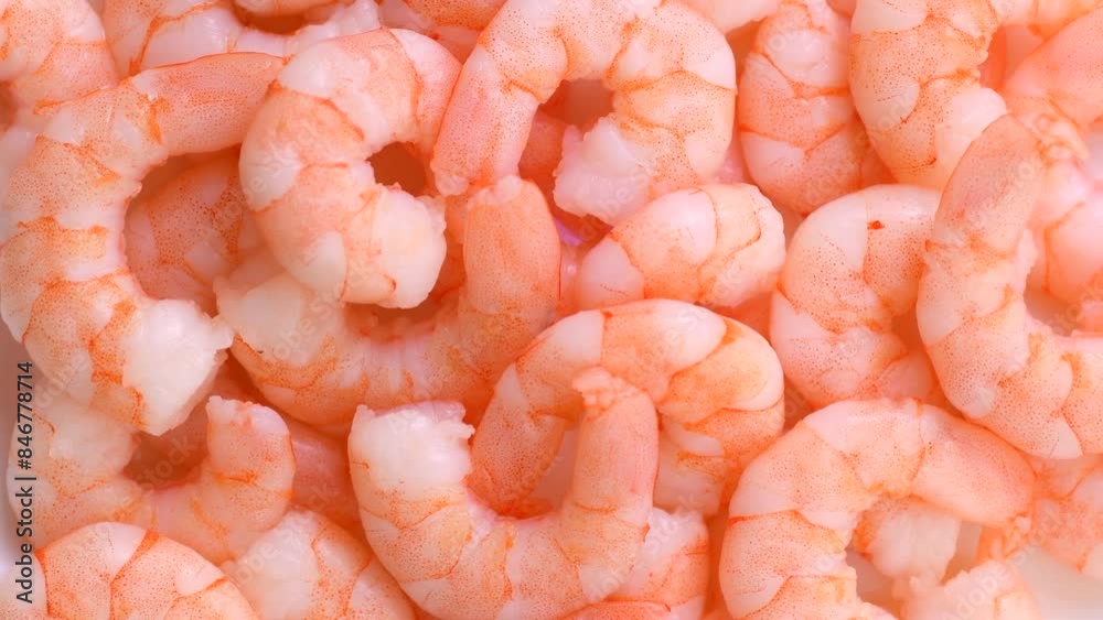 Shrimps. Fresh peeled Prawns rotating background. Preparing healthy sea food, cooking, diet, nutrition concept. Macro shot. Slow motion. Top view Shrimps. Fresh peeled Prawns rotating background. Preparing healthy sea food, cooking, diet, nutrition concept. Macro shot. Slow motion. Top view