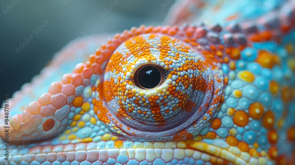 Fototapeta premium Close-up of colorful chameleon eye and skin. Exotic pet and wildlife concept. Design for nature publications, animal posters, and reptile-themed projects.