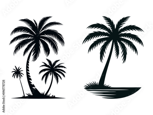 Palm tree silhouette vector illustration. palm trees and sunrise vector silhouette. tropical landscape and mountains black  very peri vector illustration.