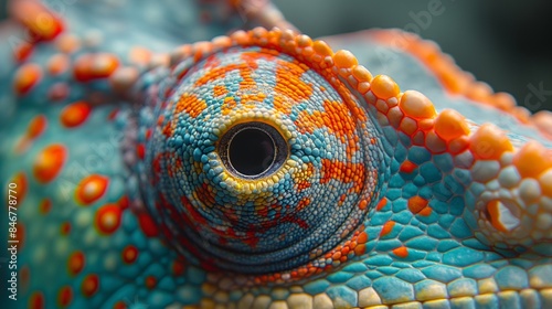Close-up of colorful chameleon eye and skin. Exotic pet and wildlife concept. Design for nature publications, animal posters, and reptile-themed projects. © NeuroCake