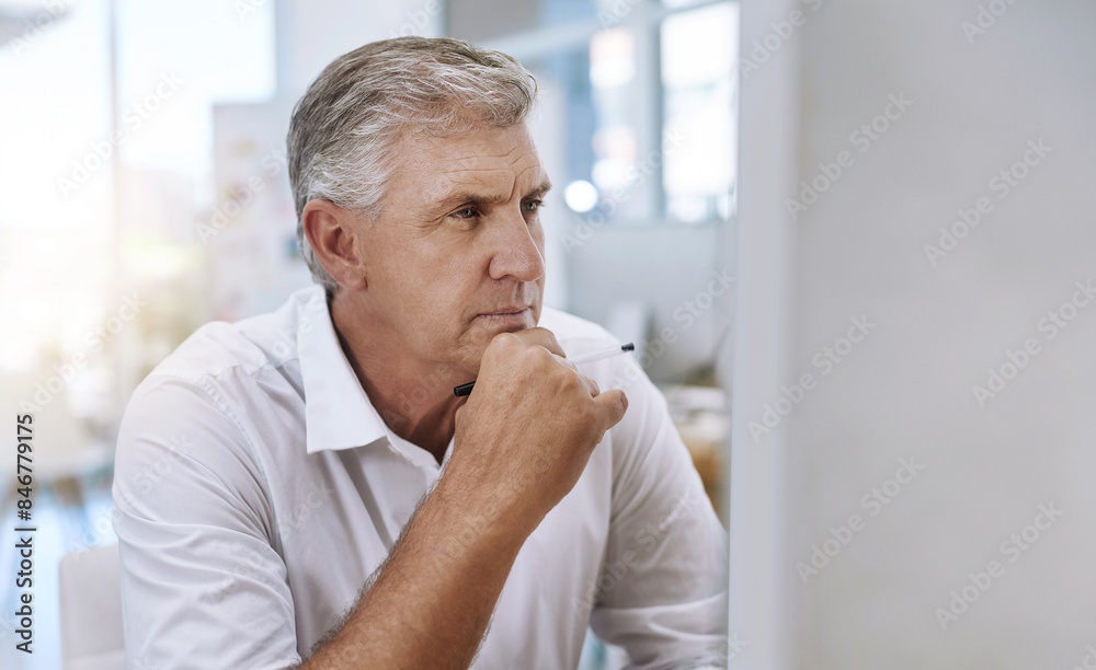 Mature, man and computer or serious thinking, planning and online vision for business review or email communication. Research, pc info and employee on company website, internet proposal and idea