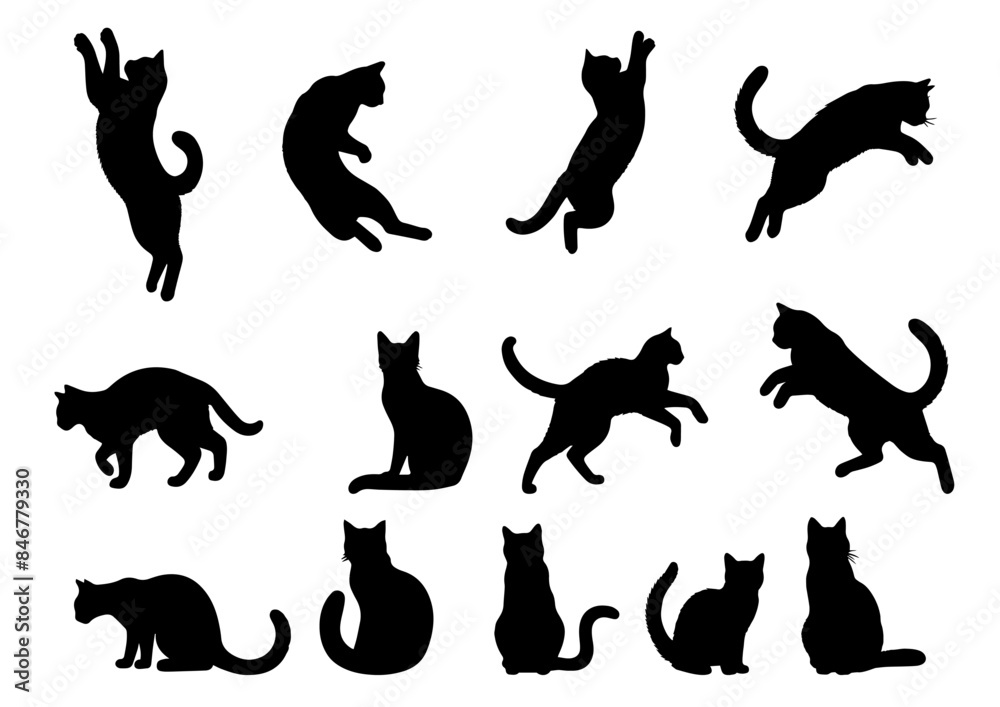 Vector illustration. Large set of cat silhouettes for printing. Sticker template. Vector illustration. Large set of cat silhouettes for printing. Sticker template.