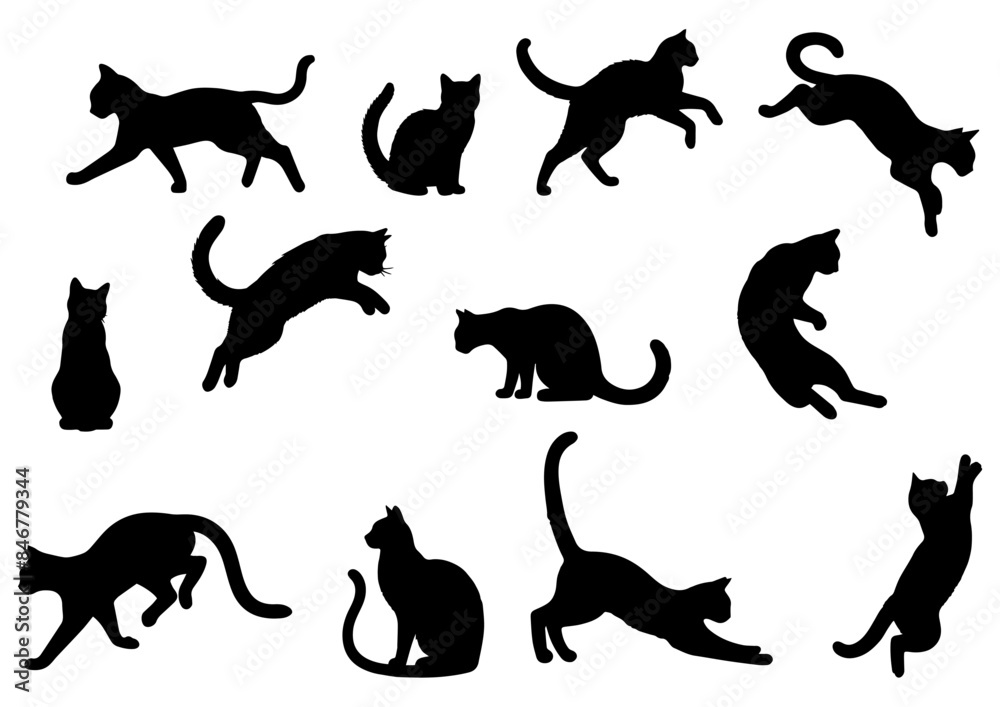 Vector illustration. Large set of cat silhouettes for printing. Sticker template. Vector illustration. Large set of cat silhouettes for printing. Sticker template.