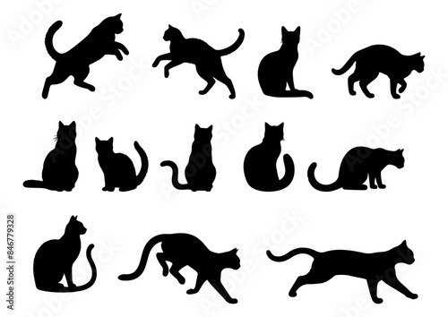 Vector illustration. Large set of cat silhouettes for printing. Sticker template.