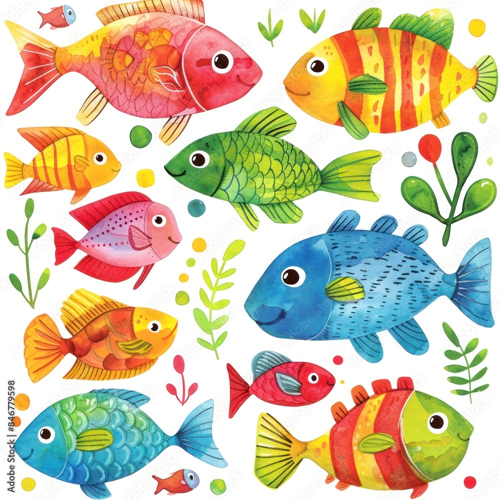 Watercolor collection of sea fish in cartoon style on a white background. Watercolor collection of sea fish in cartoon style on a white background.