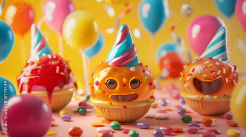 Smiling candy mascots with party hats, ready to celebrate special occasions with sweetness and joy. © Plaifah