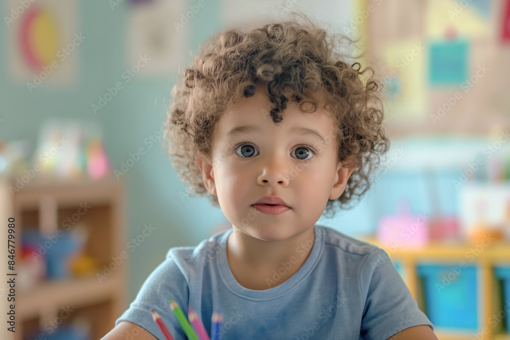 Young child with curly hair and big blue eyes, wearing a light blue shirt, sitting at a desk in a colorful classroom, looking curiously at the camera.. Young child with curly hair and big blue eyes, wearing a light blue shirt, sitting at a desk in a colorful classroom, looking curiously at the camera..