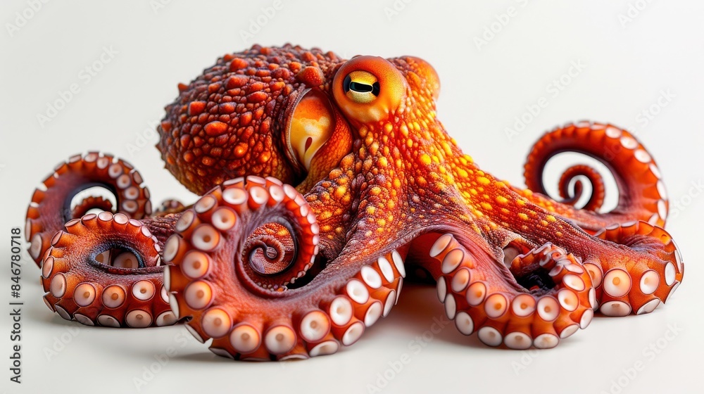 Obraz premium Close-Up Photograph of a Red Octopus with Visible Eyes and Eight Spread-Out Tentacles Against a White Background, Centered and Clear with Sharp Focus