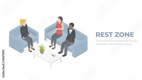 Rest zone isometric illustration. Relax area in office. People are resting while working.