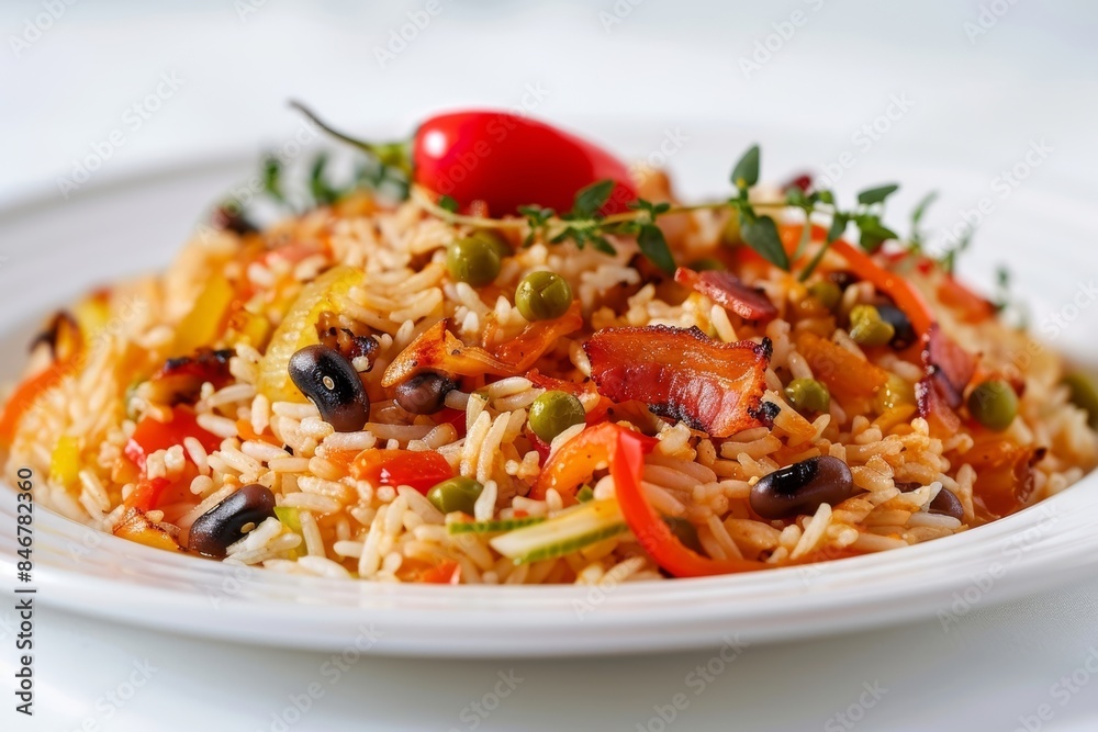 Bahamian Delicacy: Vibrant Peas and Rice with Aromatic Sauteed Vegetables and Crispy Bacon Bahamian Delicacy: Vibrant Peas and Rice with Aromatic Sauteed Vegetables and Crispy Bacon