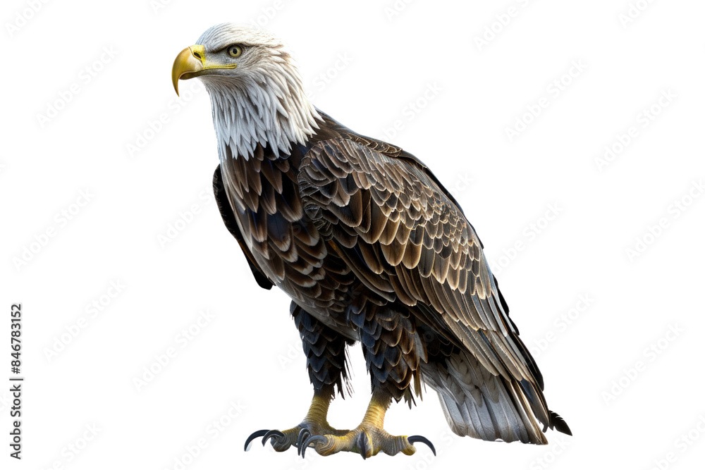 Fototapeta premium Large Eagle Is Standing On A White Background, Independence Day, 3D Render, Illustrations, Isolated On A Transparent Background.