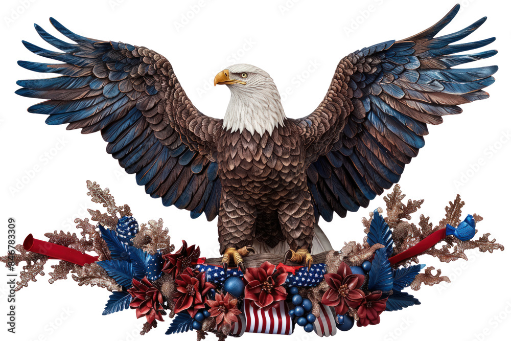 Fototapeta premium Large Eagle Is Perched On A Wreath Of Red, White, And Blue Flowers, Independence Day, 3D Render, Illustrations, Isolated On A Transparent Background. 