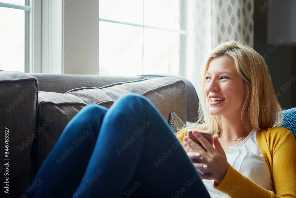 Smile, thinking and woman in living room, phone and rest on couch, morning and social media in house. Relax, calm and girl with mobile, happy and peace in lounge, cozy and person in apartment Smile, thinking and woman in living room, phone and rest on couch, morning and social media in house. Relax, calm and girl with mobile, happy and peace in lounge, cozy and person in apartment