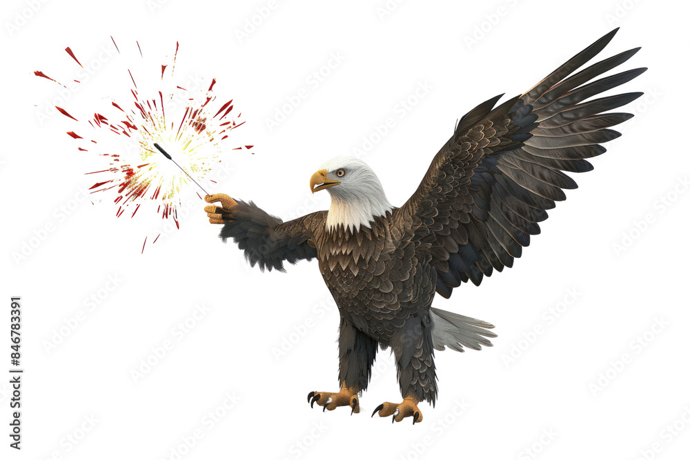 Naklejka premium Bald Eagle Is Holding A Sparkler In Its Talons, Independence Day, 3D Render, Illustrations, Isolated On A Transparent Background. 