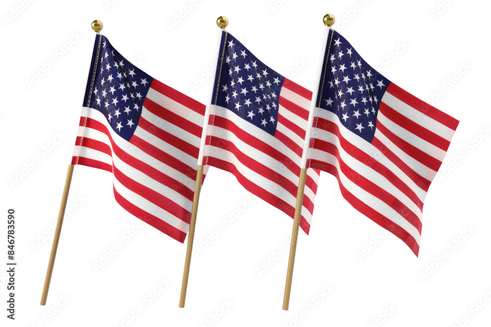 Three American Flags Are Shown In A Row, Each With A Wooden Pole Holding It Up, Independence Day, 3D Render, Illustrations, Isolated On A Transparent Background. Three American Flags Are Shown In A Row, Each With A Wooden Pole Holding It Up, Independence Day, 3D Render, Illustrations, Isolated On A Transparent Background.