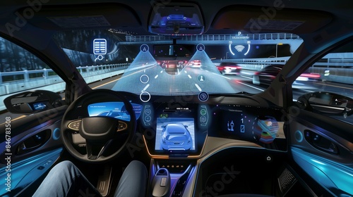Cutting-edge interior view of an automatic drive vehicle featuring advanced technology and safety features including handsfree controls, touchsets, holographic displays on the windshield, AI elements