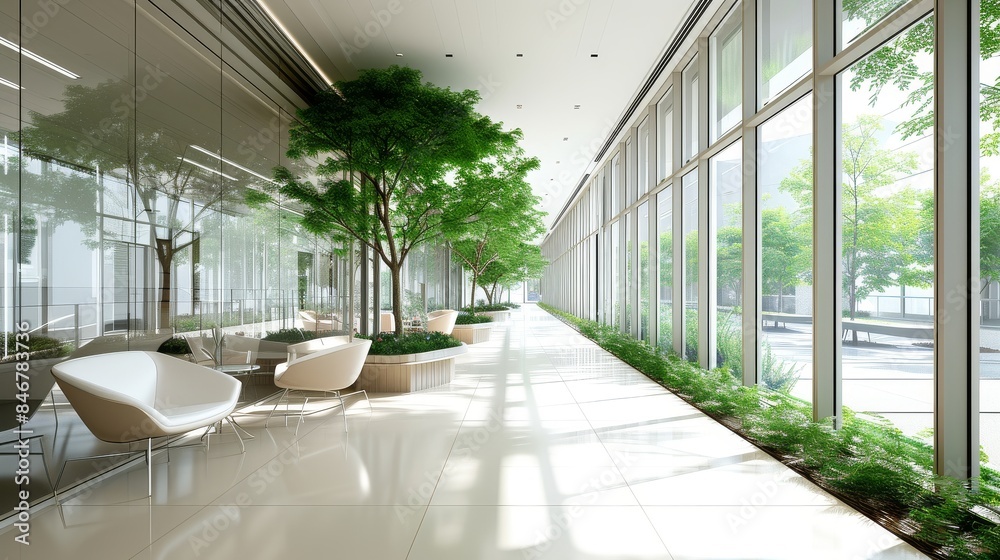 A modern office corridor with sleek furniture, large windows showcasing a lush green tree outside A modern office corridor with sleek furniture, large windows showcasing a lush green tree outside