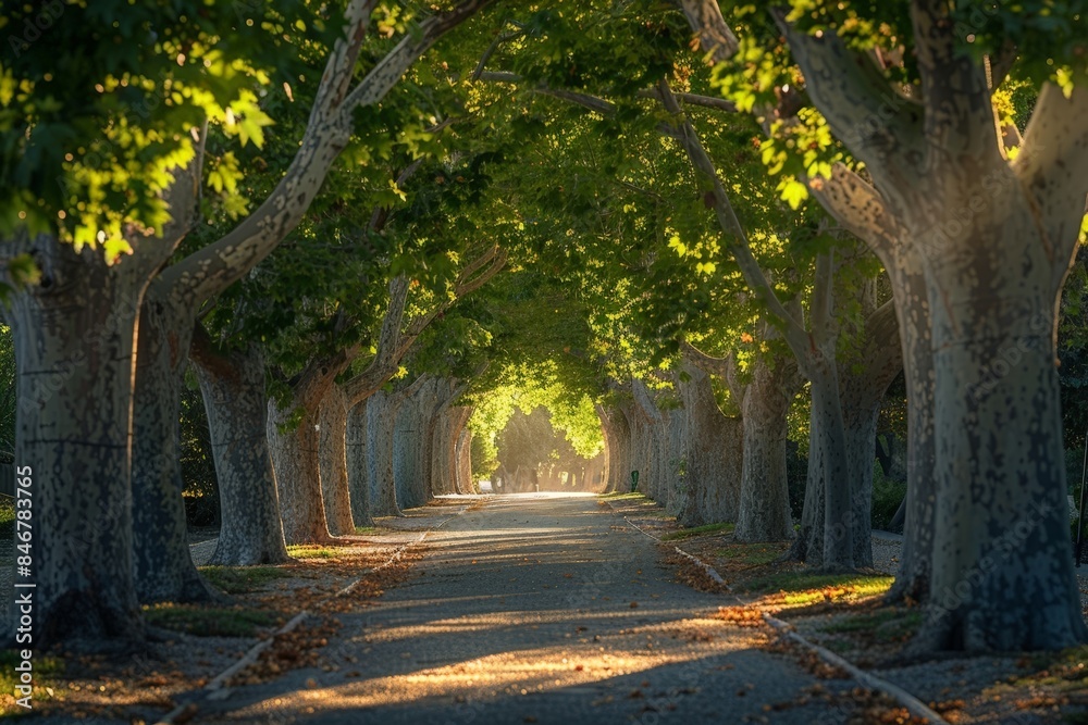 Naklejka premium A peaceful park with a tree-lined walkway and a bench at the end.