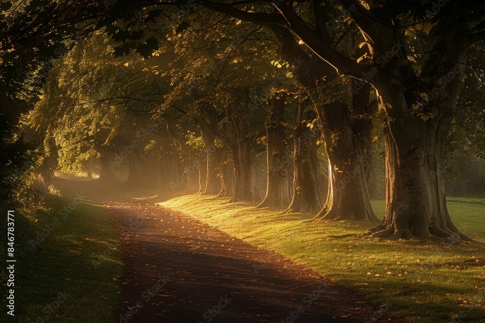 Fototapeta premium Sunset walk down a dirt path with trees