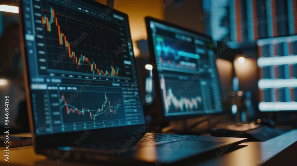 trader stock chart and financial graph. Financial analysis graph chart stock exchange bitcoin cryptocurrency report on computer screen monitors trader stock chart and financial graph. Financial analysis graph chart stock exchange bitcoin cryptocurrency report on computer screen monitors