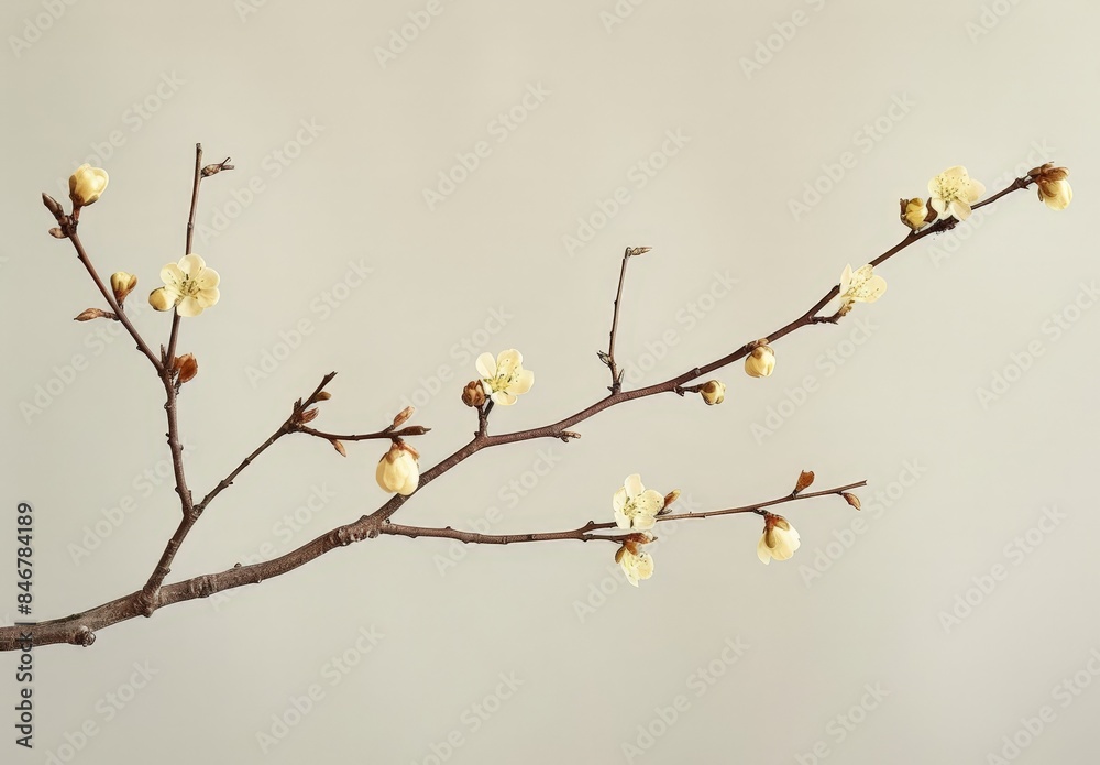 A beautiful branch with flowers is against a light grey background. A beautiful branch with flowers is against a light grey background.