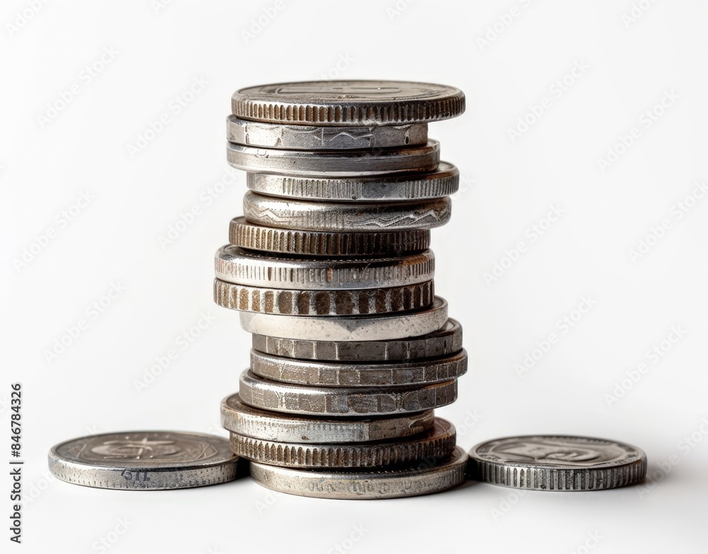 A pile of coins, including nickels and quarters, set against a white background. A pile of coins, including nickels and quarters, set against a white background.