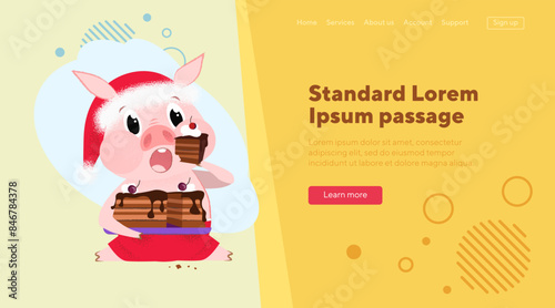 Funny pig in Santa hat eating chocolate cake. Vector illustration of animal cartoon  character. New Year, Christmas, holiday concept can be used for banner, website design or landing page