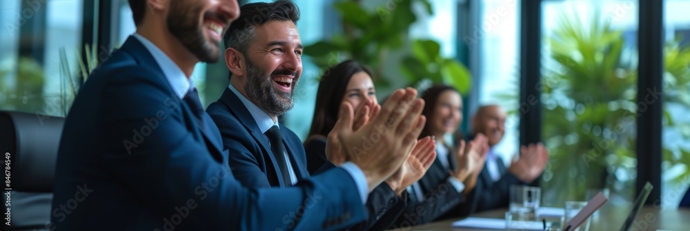 Smiling colleagues applauding in a boardroom after a successful presentation Smiling colleagues applauding in a boardroom after a successful presentation