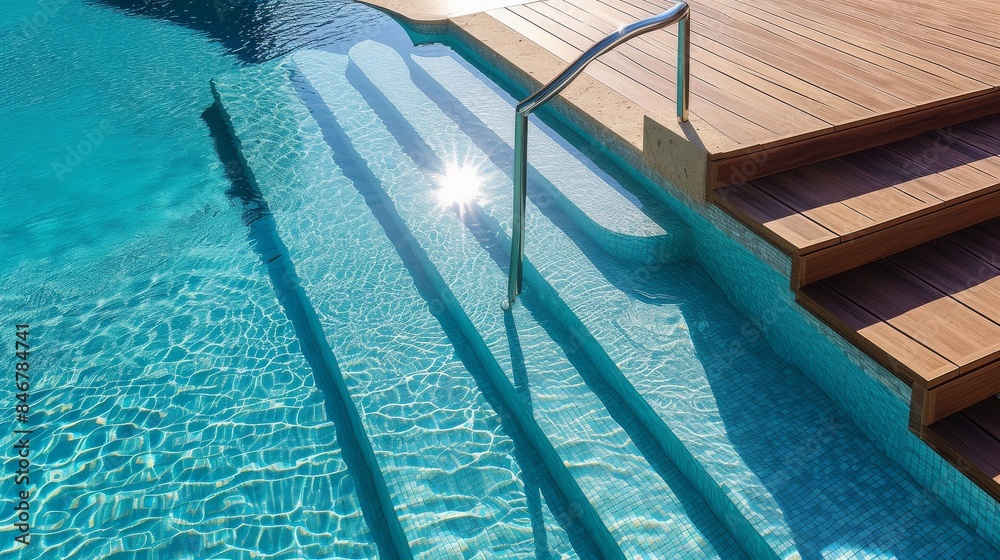 Obraz premium Luxurious hotel swimming pool with clear water and a wooden terrace around it