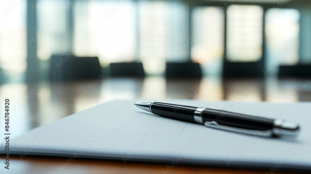 A clean sheet of white paper with a pen placed on a conference table in a modern meeting room A clean sheet of white paper with a pen placed on a conference table in a modern meeting room