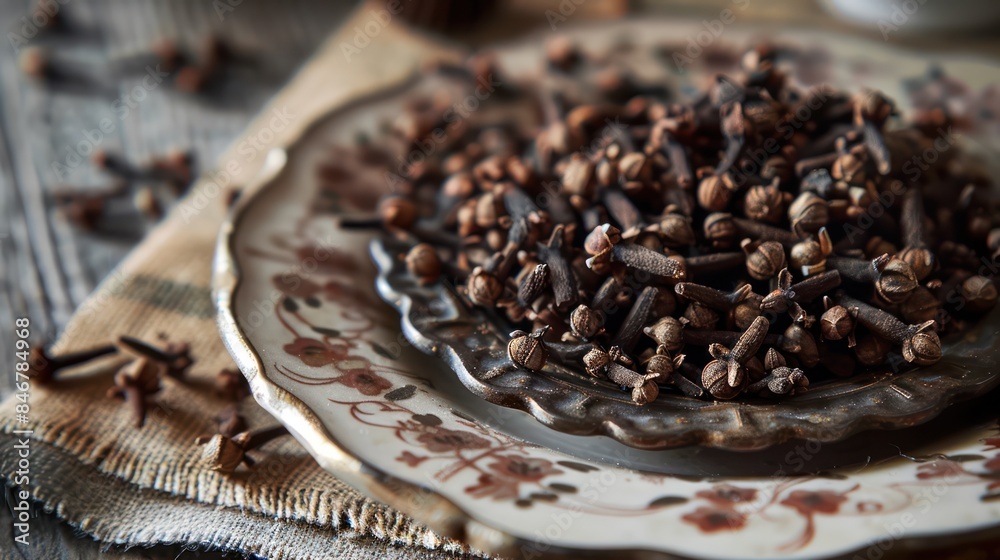 Traditional spice clove seeds on plate Traditional spice clove seeds on plate