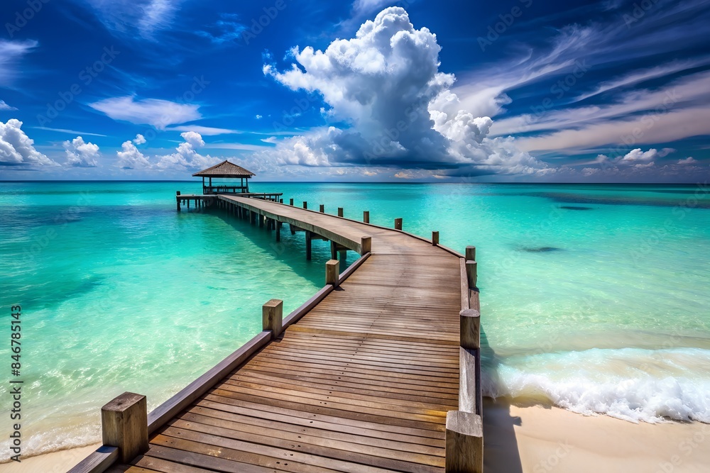 Wooden Pier on White Sand Beach with Turquoise Sea Wooden Pier on White Sand Beach with Turquoise Sea